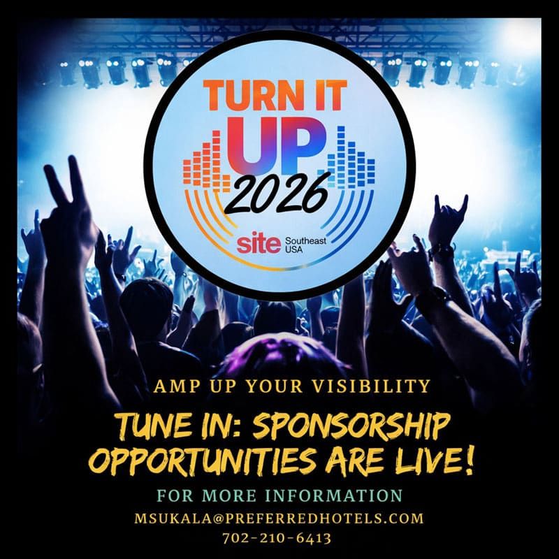 A crowd at a concert with raised hands; text promotes "Turn It Up 2026" event sponsorship opportunities, includes contact details and the Southeast USA SITE logo.
