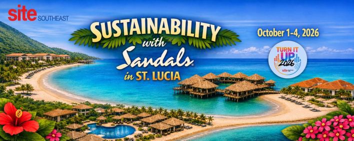 Tropical beach resort with overwater bungalows, mountains, and palm trees; text reads “Sustainability with Sandals in St. Lucia, October 1-4, 2026.” SITE Southeast logo at top left.
