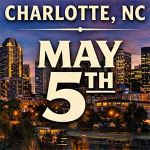 Text reads "Charlotte, NC May 5th" over a city skyline at dusk with illuminated buildings and reflections on water.